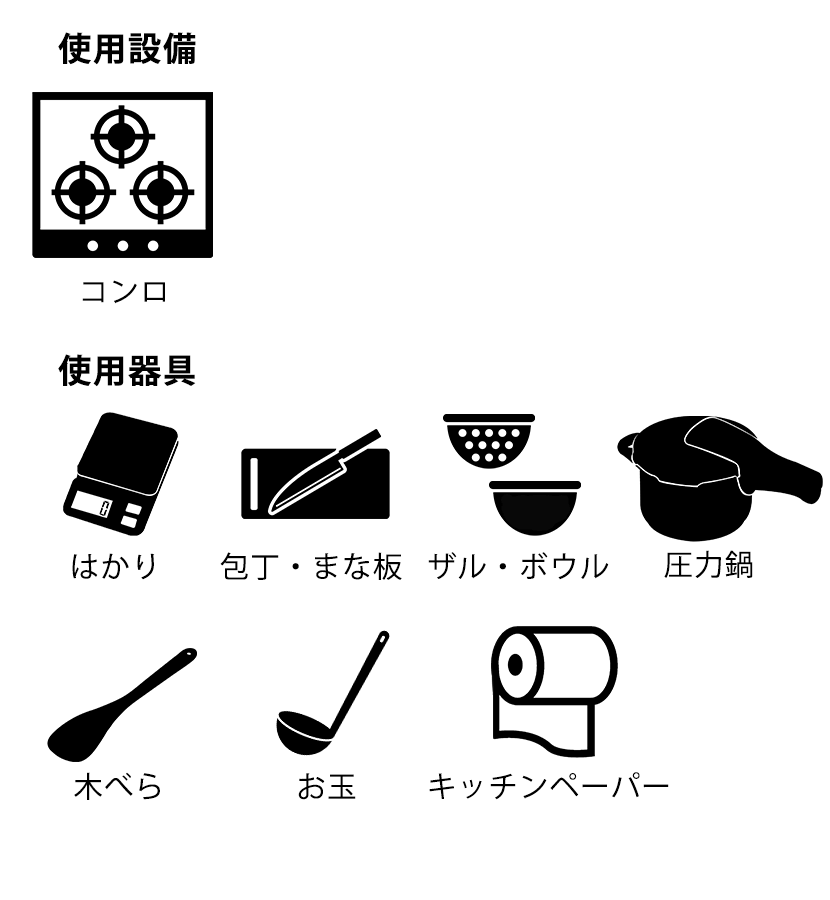 使用設備：コンロ 使用器具：はかり、包丁・まな板、ザル・ボウル、圧力鍋、木べら、お玉、キッチンペーパー